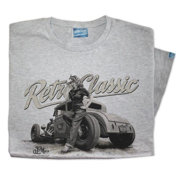 Classic Ford Model A Hot Rod & Rina Bambina Pin-up B/W T-Shirt - Image 5