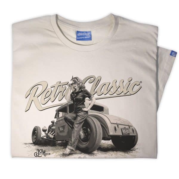 Classic Ford Model A Hot Rod & Rina Bambina Pin-up B/W T-Shirt - Image 3