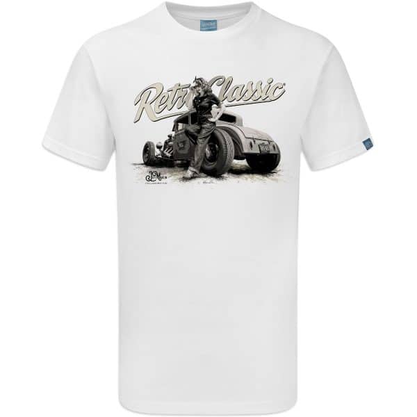 Classic Ford Model A Hot Rod & Rina Bambina Pin-up B/W T-Shirt - Image 2