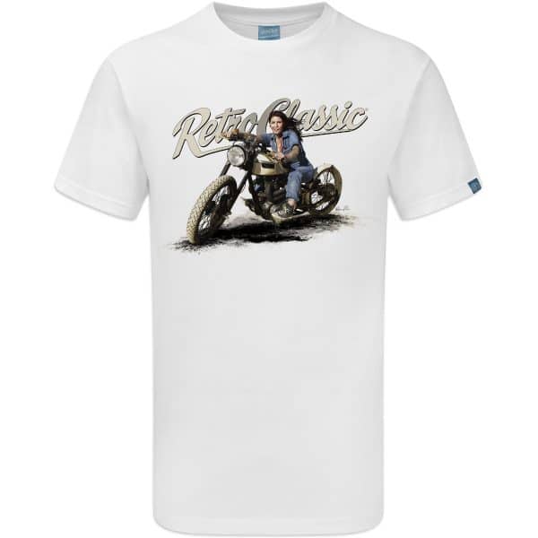 Custom Classic Boardtracker Motorcycle & Pin-Up Model Meagan Jean T-Shirt - Image 6