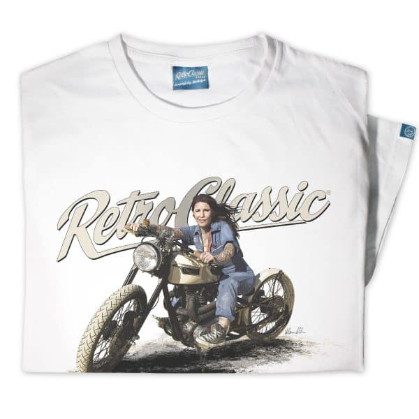 Custom Classic Boardtracker Motorcycle & Pin-Up Model Meagan Jean T-Shirt - Image 5