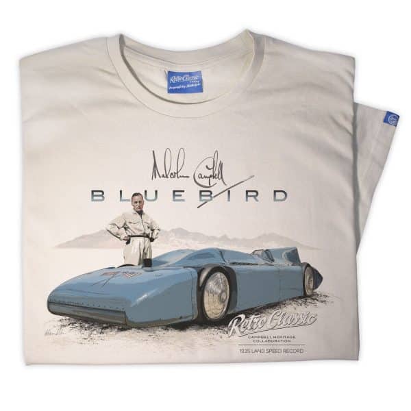 1935 Malcolm Campbell 'Gary Harman's Land Speed' Bluebird Railton V Car T-Shirt - Image 5